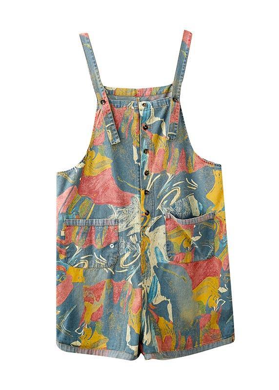 Comfortable Light Blue Print Pocket Overalls Shorts Summer