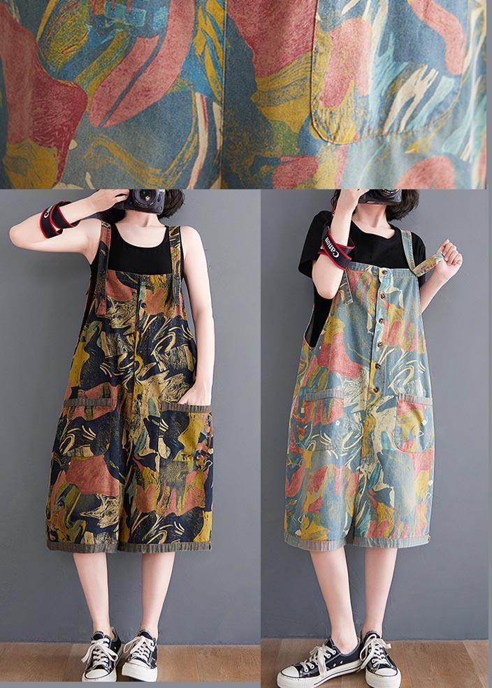 Comfortable Light Blue Print Pocket Overalls Shorts Summer