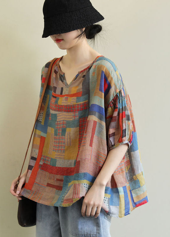 DIY Colorblock V-Neck Geometric Print Linen Loose Tops Short Sleeve