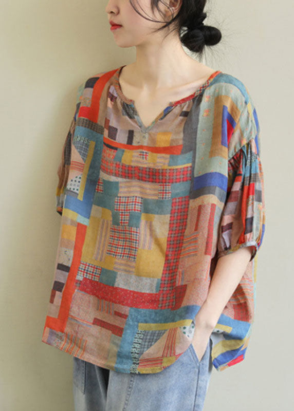 DIY Colorblock V-Neck Geometric Print Linen Loose Tops Short Sleeve