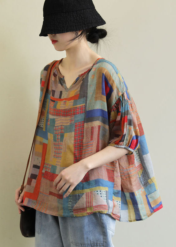 DIY Colorblock V-Neck Geometric Print Linen Loose Tops Short Sleeve