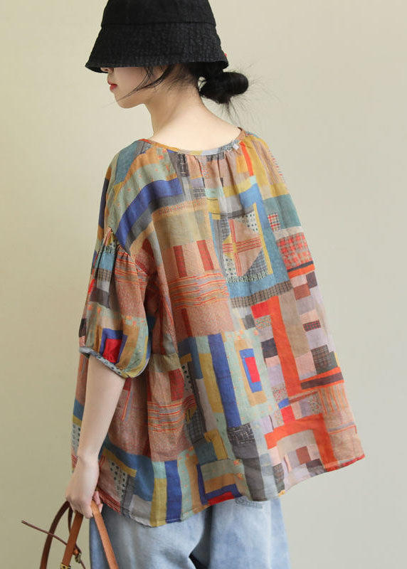 DIY Colorblock V-Neck Geometric Print Linen Loose Tops Short Sleeve