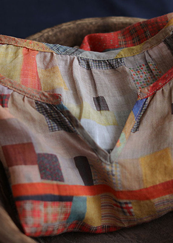 DIY Colorblock V-Neck Geometric Print Linen Loose Tops Short Sleeve