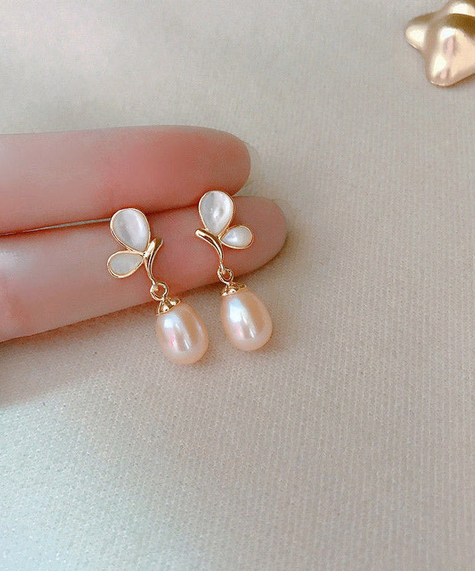 Gold Pearl Butterfly Drop Earrings