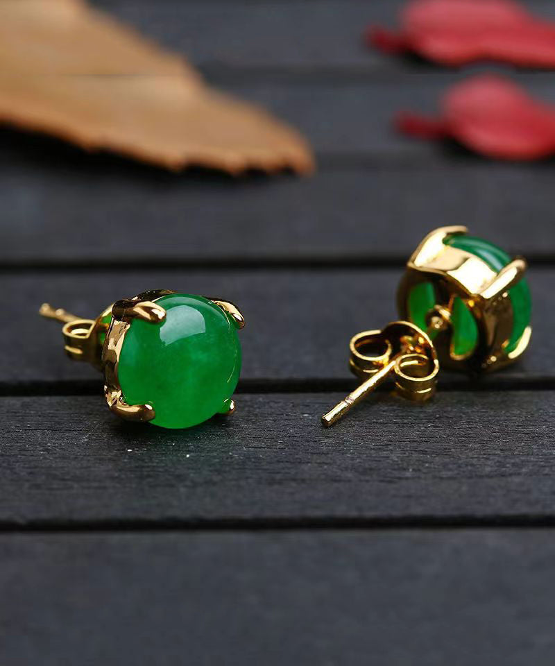 Green Silver Jade Stud Earrings