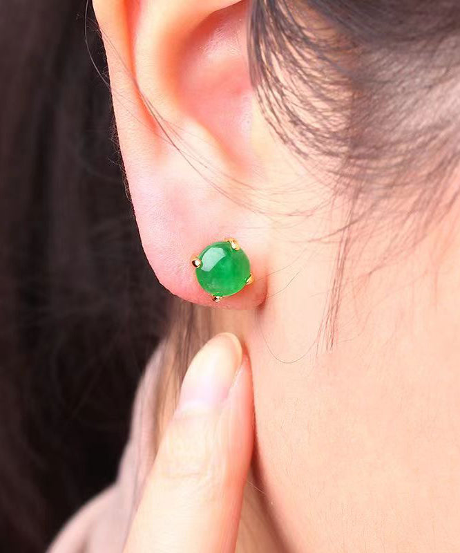 Green Silver Jade Stud Earrings
