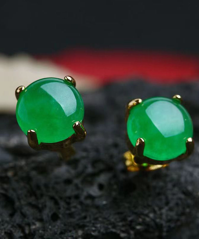 Green Silver Jade Stud Earrings