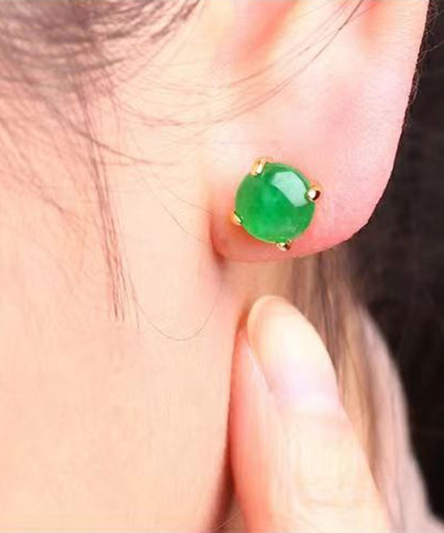 Green Silver Jade Stud Earrings