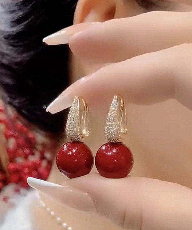 Red Copper Zircon Pearl Drop Earrings