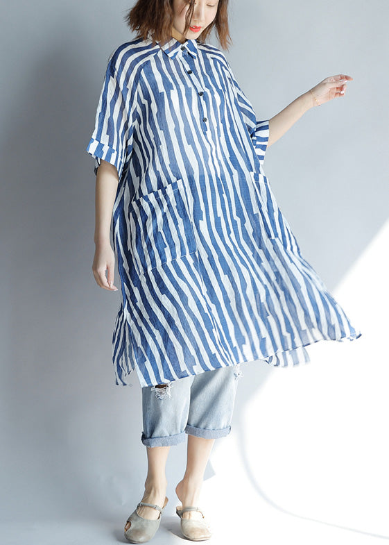 DIY Lapel Pocket Cotton Tunic with Tailored Sleeves Blue Striped A-Line Dresses Summer