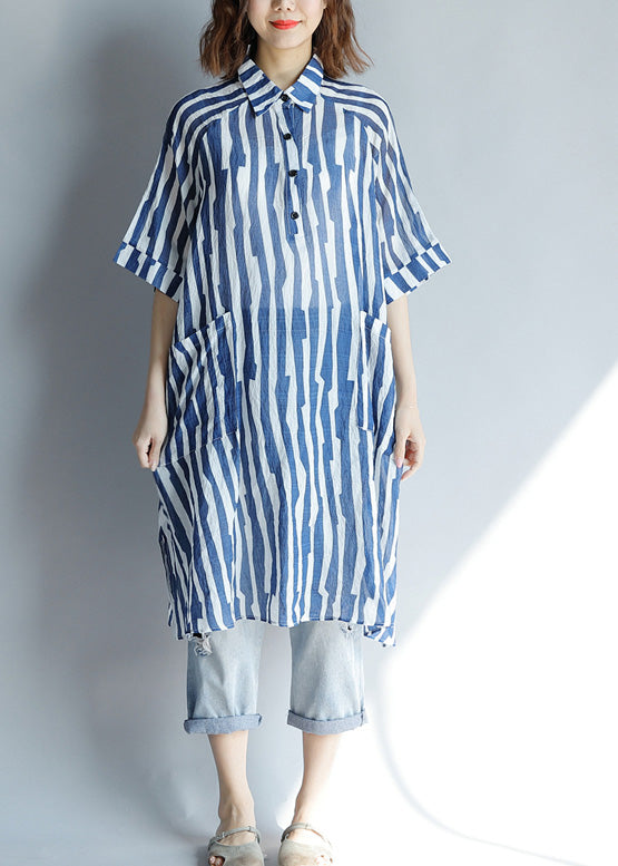 DIY Lapel Pocket Cotton Tunic with Tailored Sleeves Blue Striped A-Line Dresses Summer