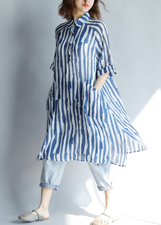 DIY Lapel Pocket Cotton Tunic with Tailored Sleeves Blue Striped A-Line Dresses Summer