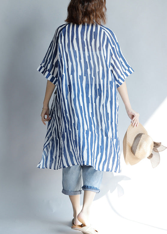 DIY Lapel Pocket Cotton Tunic with Tailored Sleeves Blue Striped A-Line Dresses Summer