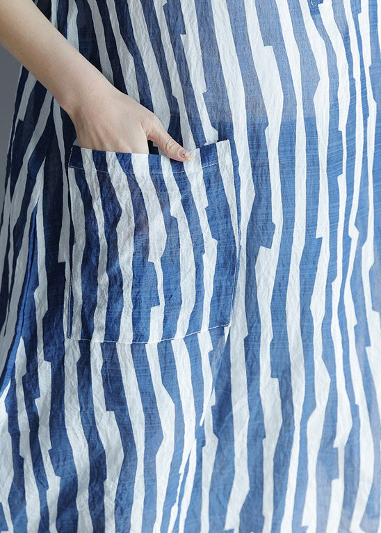 DIY Lapel Pocket Cotton Tunic with Tailored Sleeves Blue Striped A-Line Dresses Summer