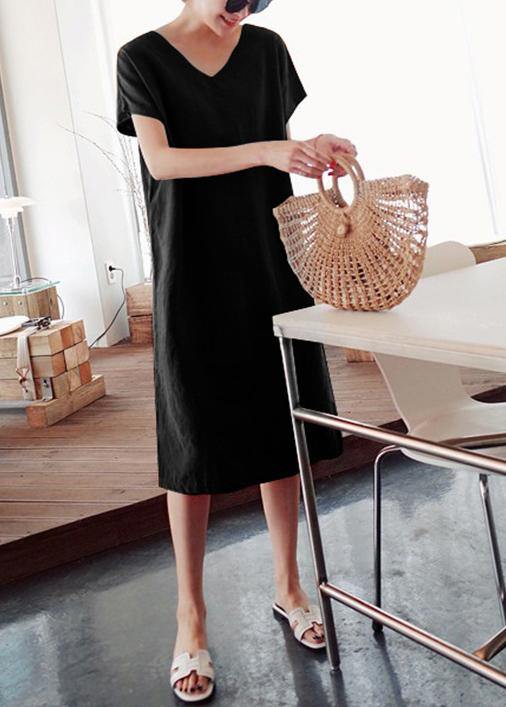 DIY O-Neck Side Open Cotton Summer Tunics Linen Black Dress
