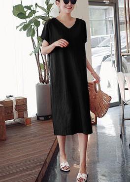 DIY O-Neck Side Open Cotton Summer Tunics Linen Black Dress