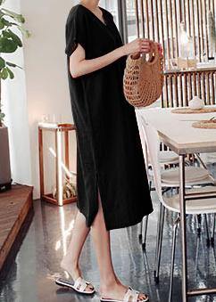 DIY O-Neck Side Open Cotton Summer Tunics Linen Black Dress