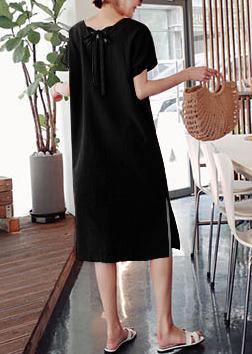 DIY O-Neck Side Open Cotton Summer Tunics Linen Black Dress