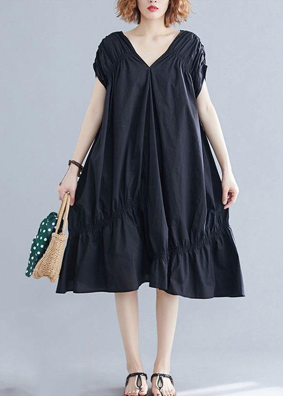 DIY V-Neck Cinched Cotton Clothing Form Black Dresses