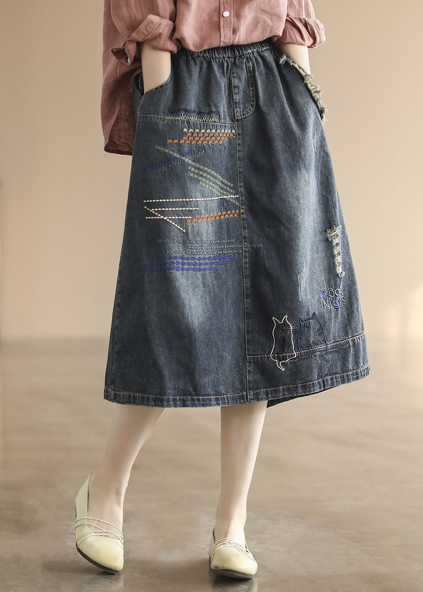 Dark Blue Embroidered Ripped Denim Skirt
