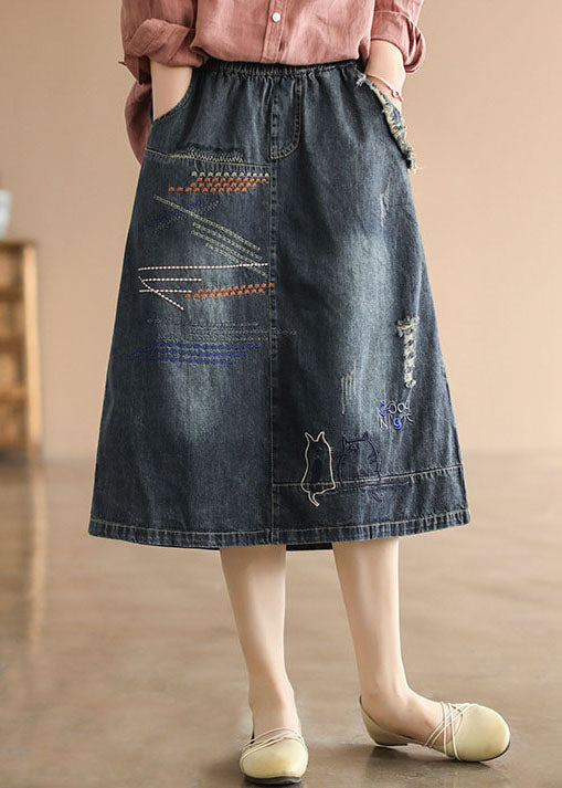 Dark Blue Embroidered Ripped Denim Skirt