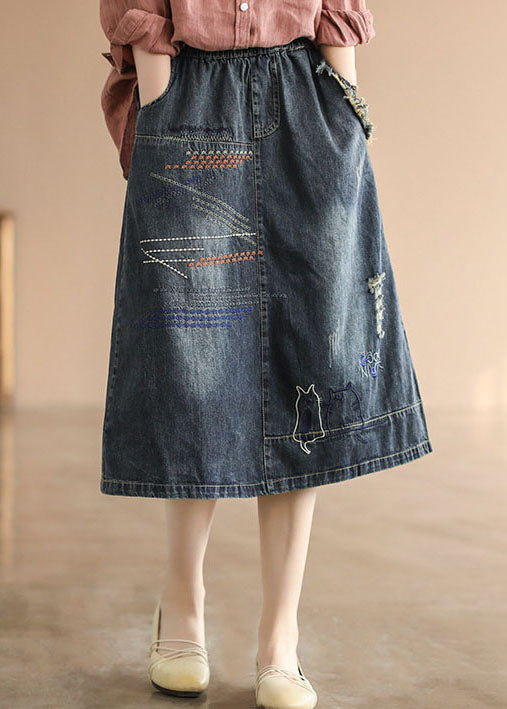 Dark Blue Embroidered Ripped Denim Skirt