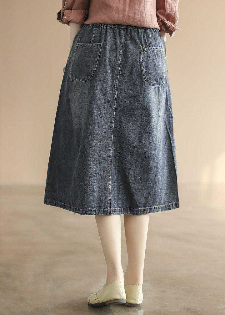 Dark Blue Embroidered Ripped Denim Skirt