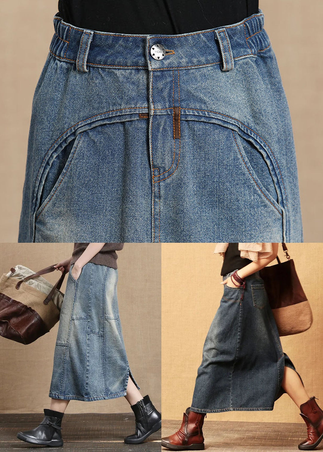 Dark Blue High Waist Patchwork Denim Skirt