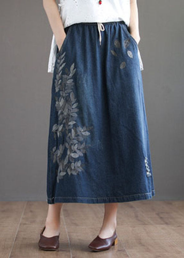 Dark Blue Ripped Elastic Waist Denim Skirt