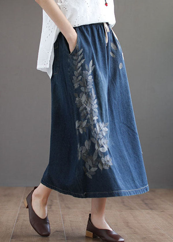 Dark Blue Ripped Elastic Waist Denim Skirt
