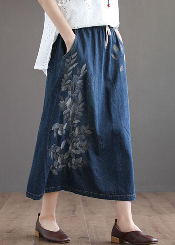 Dark Blue Ripped Elastic Waist Denim Skirt