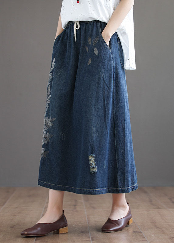 Dark Blue Ripped Elastic Waist Denim Skirt