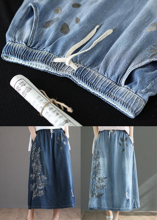 Dark Blue Ripped Elastic Waist Denim Skirt