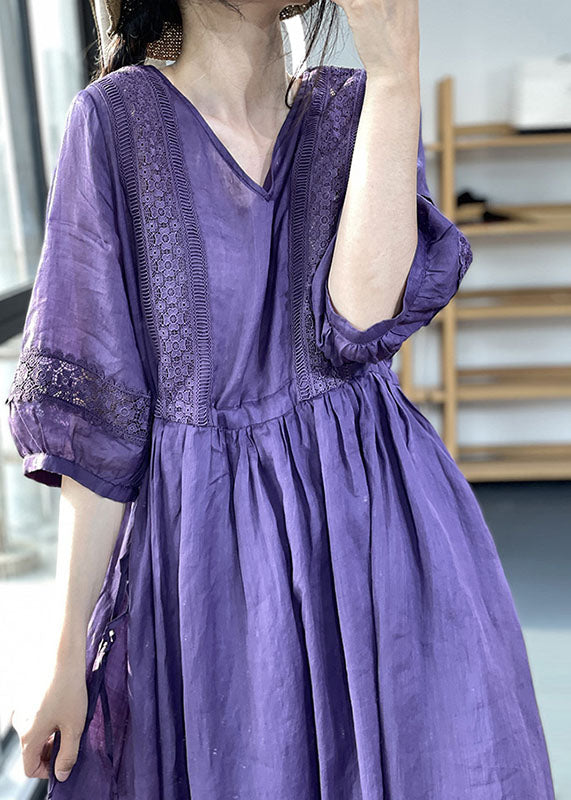 DIY Lilac V-Neck Cinched Lace Patchwork Extra Large Hem Cotton Dresses Lantern Sleeves