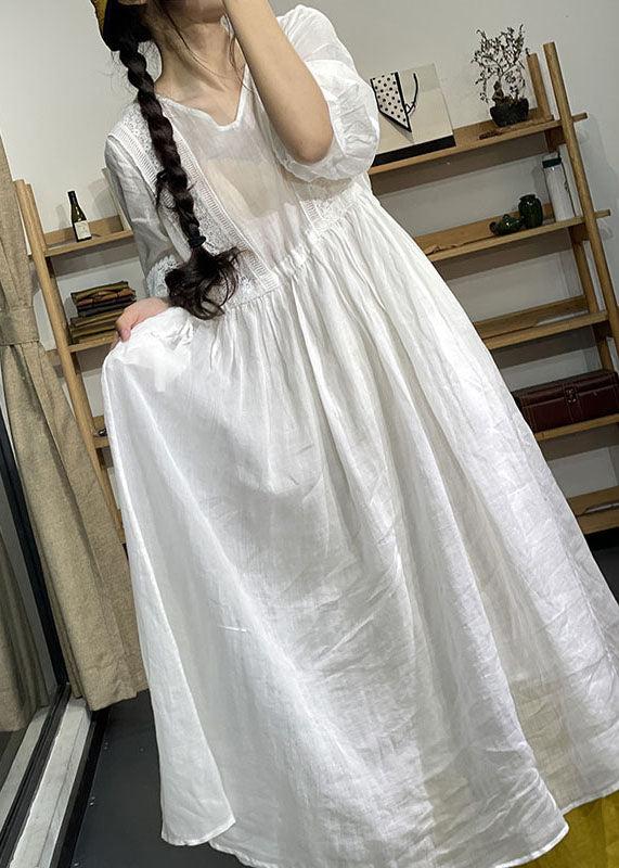 DIY Lilac V-Neck Cinched Lace Patchwork Extra Large Hem Cotton Dresses Lantern Sleeves