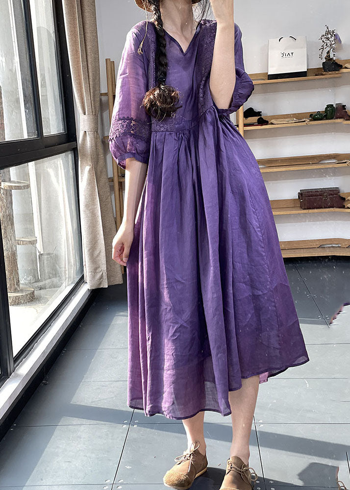 DIY Lilac V-Neck Cinched Lace Patchwork Extra Large Hem Cotton Dresses Lantern Sleeves