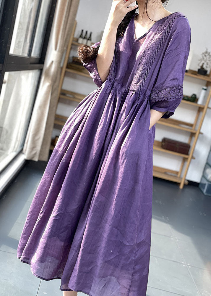 DIY Lilac V-Neck Cinched Lace Patchwork Extra Large Hem Cotton Dresses Lantern Sleeves