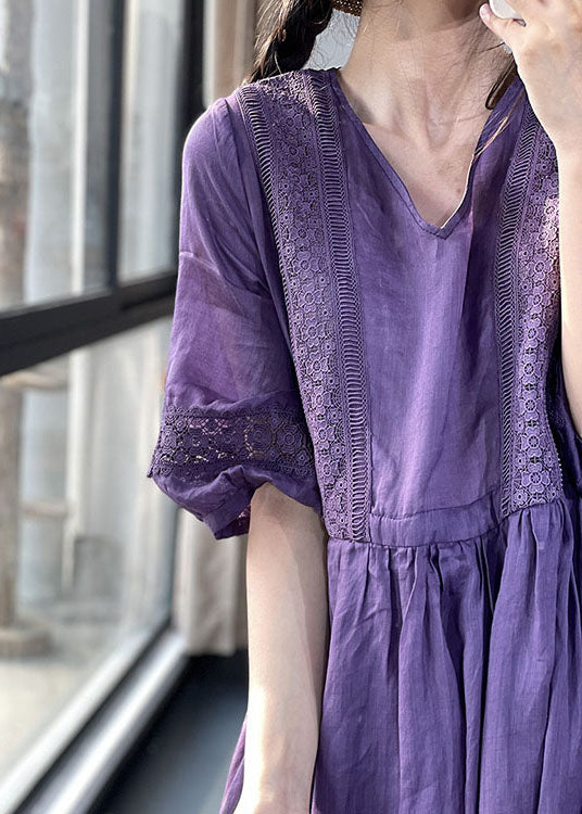 DIY Lilac V-Neck Cinched Lace Patchwork Extra Large Hem Cotton Dresses Lantern Sleeves