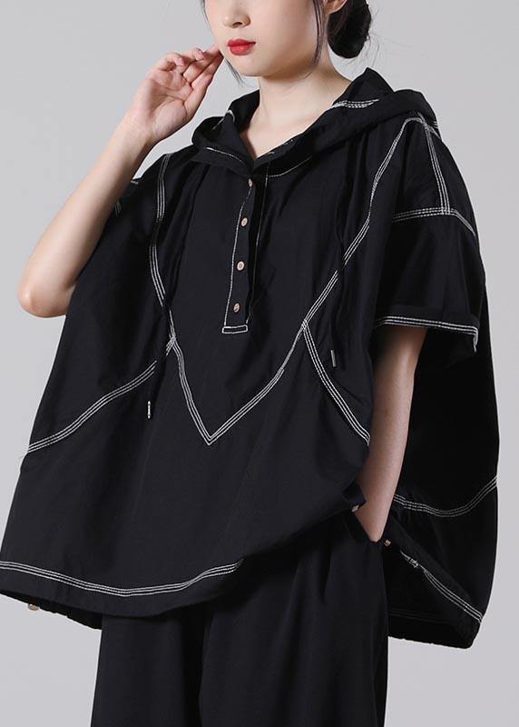 Drawstring Elegant Black Drawstring Cotton Blouses Summer