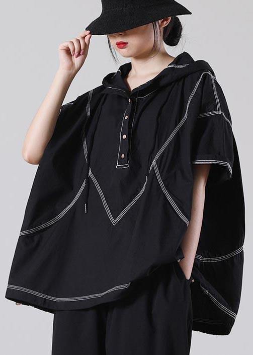 Drawstring Elegant Black Drawstring Cotton Blouses Summer