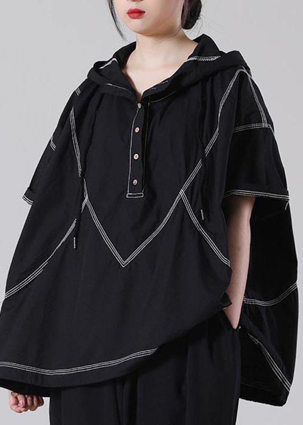 Drawstring Elegant Black Drawstring Cotton Blouses Summer