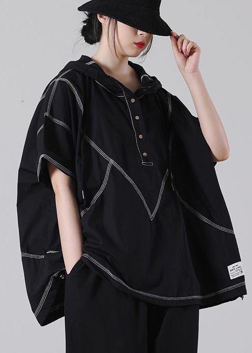 Drawstring Elegant Black Drawstring Cotton Blouses Summer