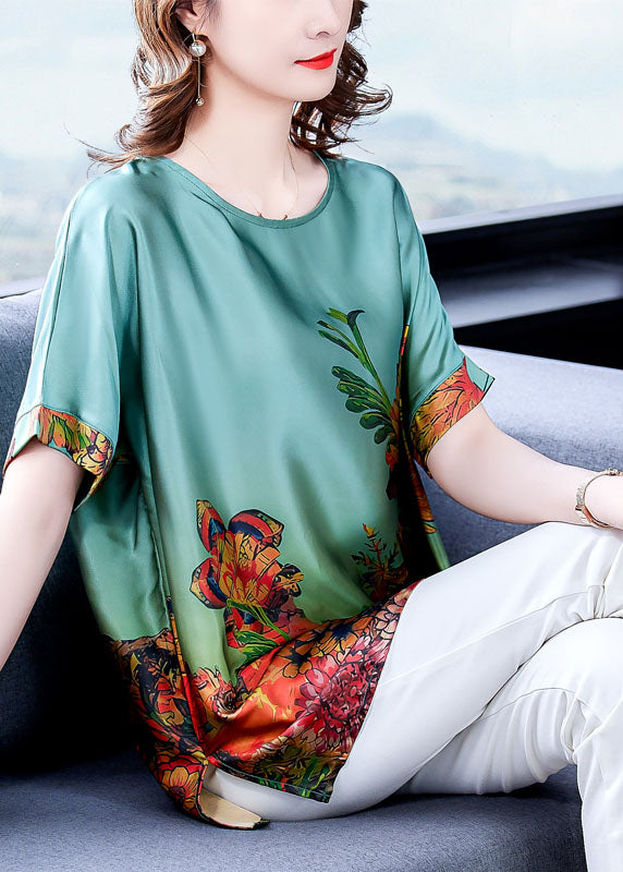 Elegant Green O-Neck Print Silk Tops for Women with Short Sleeves