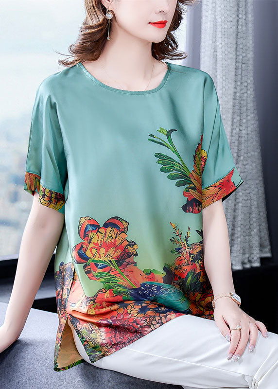 Elegant Green O-Neck Print Silk Tops for Women with Short Sleeves
