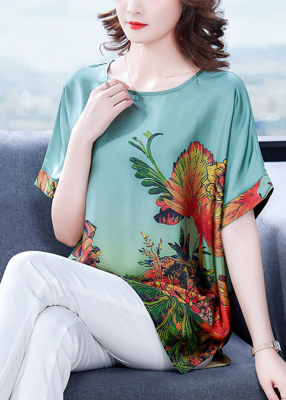 Elegant Green O-Neck Print Silk Tops for Women with Short Sleeves