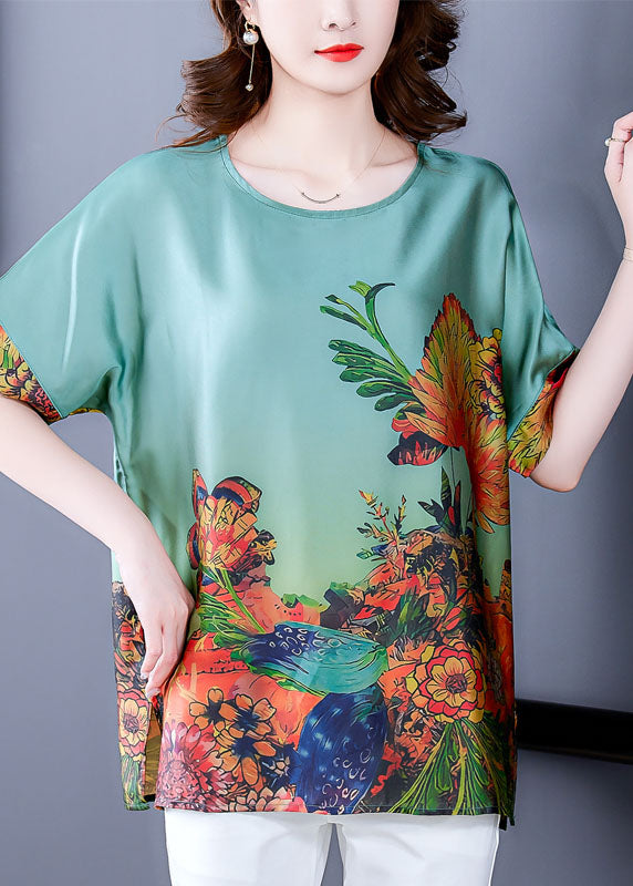 Elegant Green O-Neck Print Silk Tops for Women with Short Sleeves