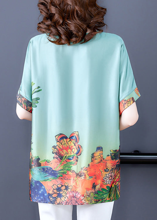 Elegant Green O-Neck Print Silk Tops for Women with Short Sleeves