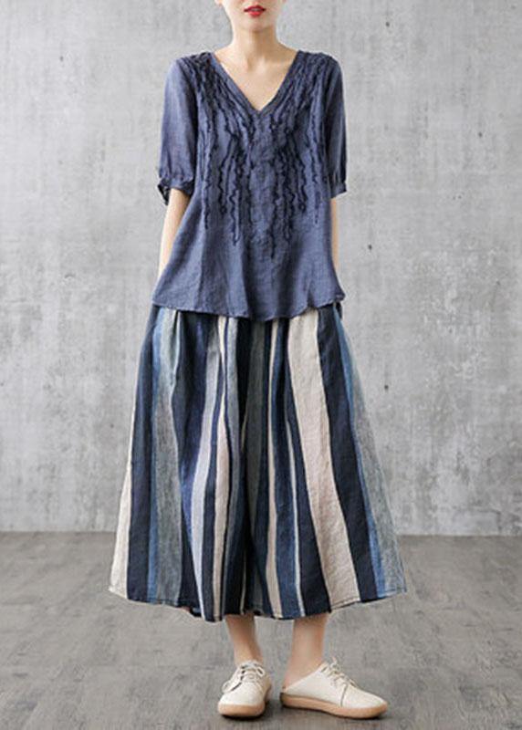 Navy Striped A-Line Linen Skirt
