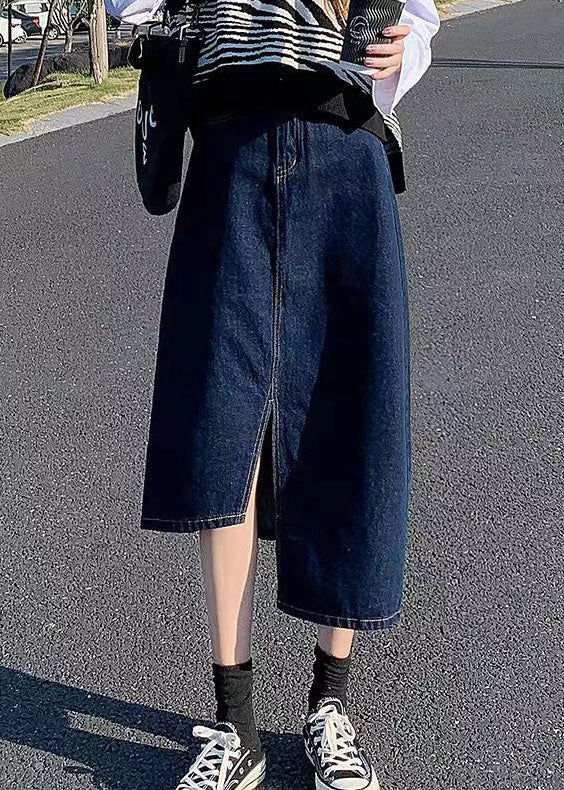 Navy Asymmetrical Wrap Denim Skirt