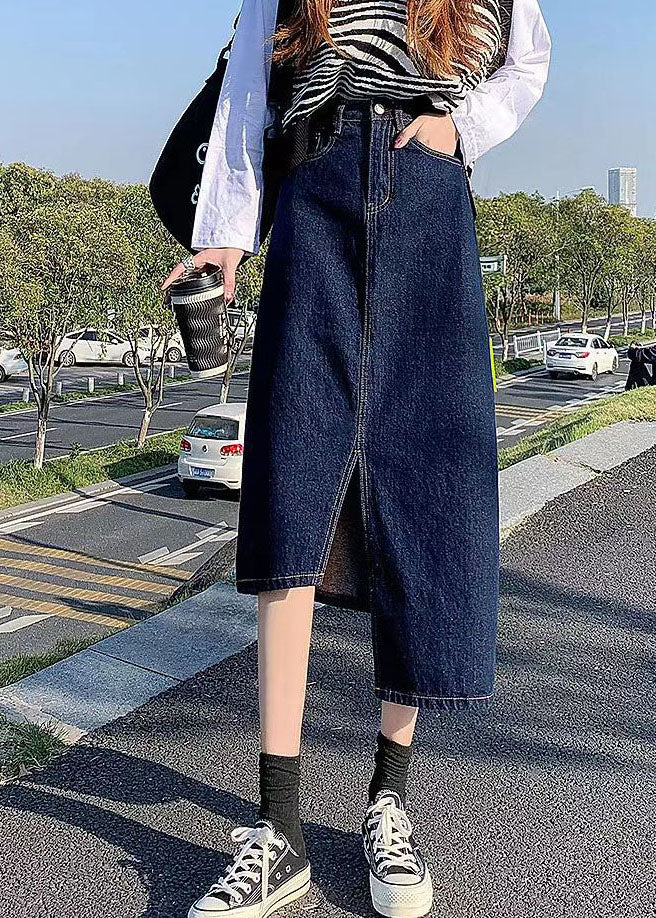 Navy Asymmetrical Wrap Denim Skirt